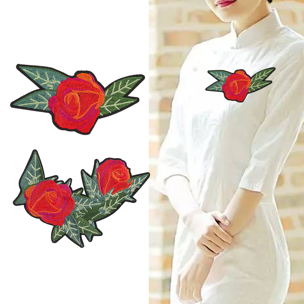 flower embroidery red rose embroidery cloth sticker clothes decoration accessories DIY hole adhesive Patches sticker