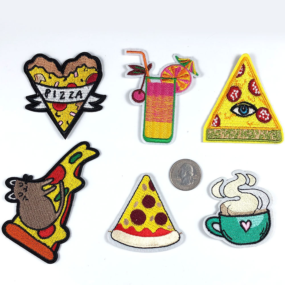 Cartoon food embroidery cloth sticker cheese pizza coffee milk tea soda adhesive clothing accessories embroidery patch