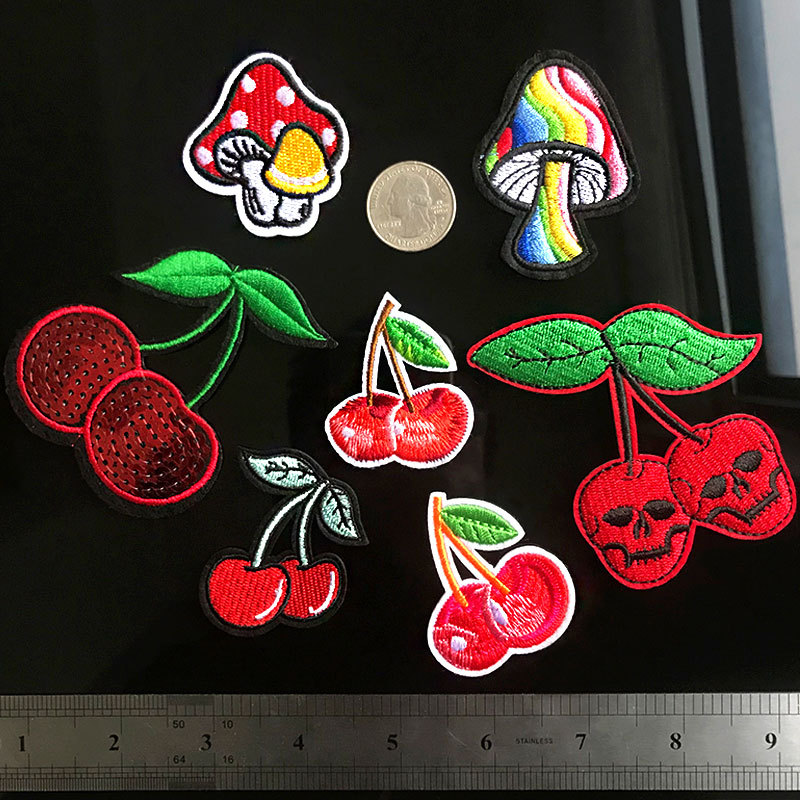 Mushroom cherry cloth sticker and realistic fruit skull cherries embroidery DIY sticker clothing accessories