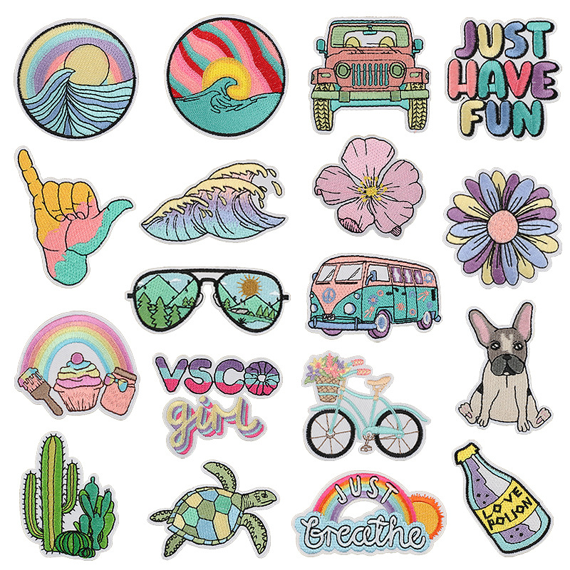 Summer bicycle embroidery cloth sticker turtle coconut tree vacation embroidery car Patches sticker
