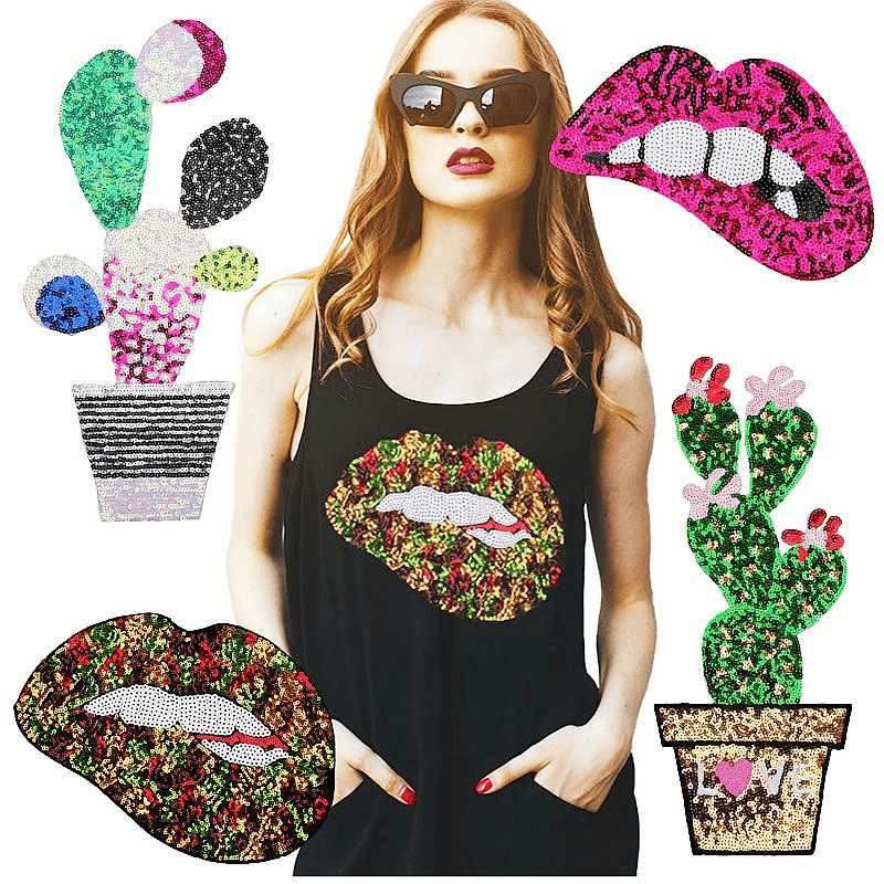 sequined cactus lip embroidery cloth sticker clothing bag beads embroidery adhesive