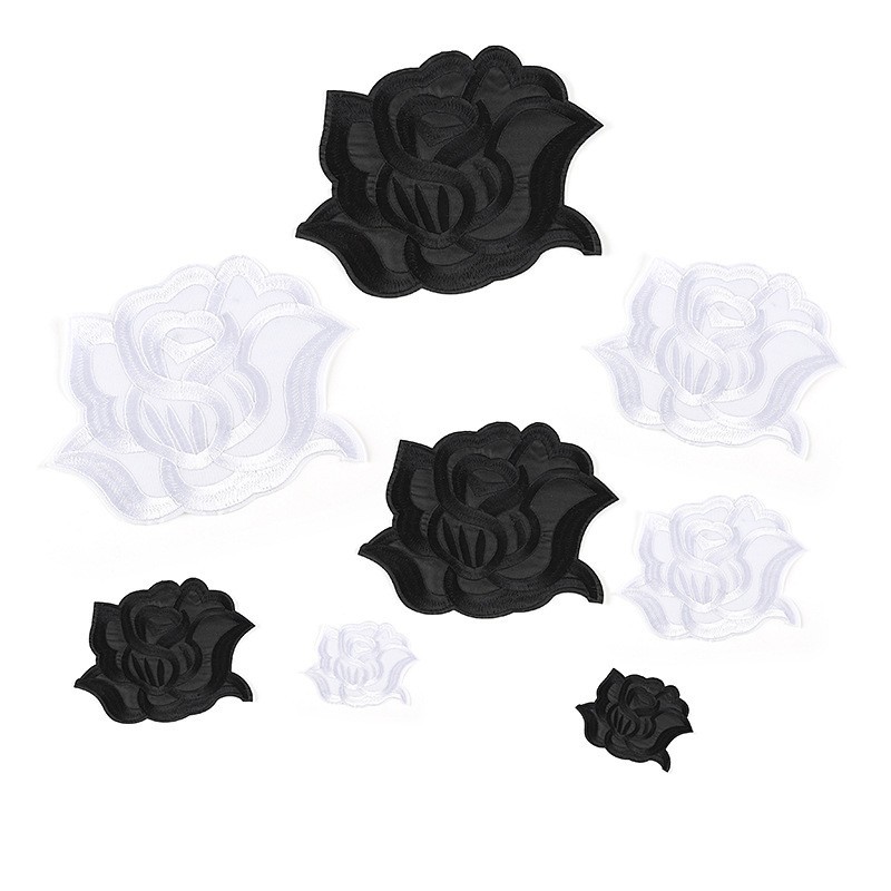 Embroidery label black and white roses sheets smoke holes jacket patches clothing accessories self-adhesive stickers embroidery iron on patches