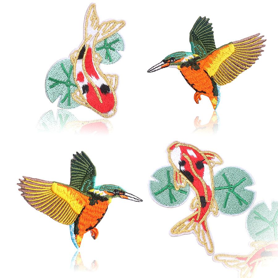 Lotus leaf red carp embroidery cloth sticker clothing accessories embroidery sticker embroidery label bird Patches sticker