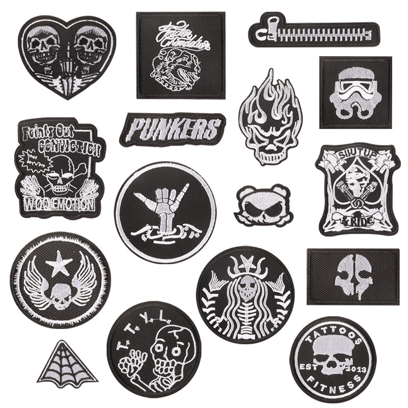 embroidery badge black and white English letter Patches sticker clothing accessories badge skull embroidery cloth sticker