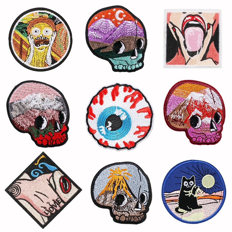 Skull Embroidery Label Cartoon Art Painting Embroidery Cloth Sticker Sun Badge Patches Sticker Can Add