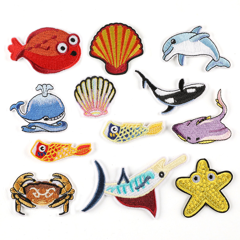 embroidery label Seafood fish badge label Clothing decoration accessories Clothes and hats Handmade patches embroidery iron on patches