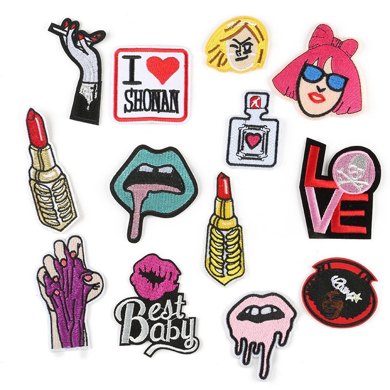 embroidery label clothing accessories embroidery stickers badges characters lipstick perfume adhesive backing Patches sticker cloth sticker