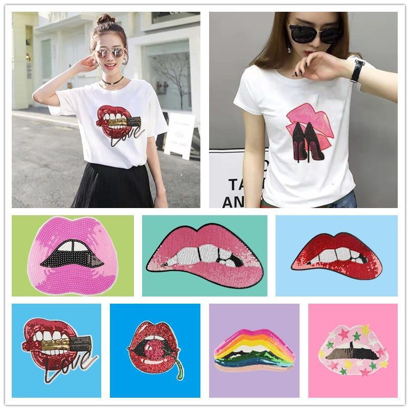 big mouth cloth sticker women's T-shirt decorative sticker clothing accessories bead embroidery Patches sticker