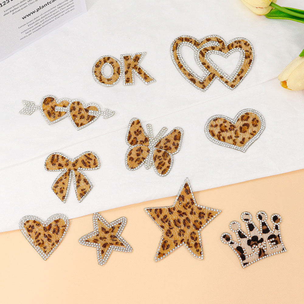 Rhinestone leopard print cloth sticker embroidery sticker Patches sticker flower star embroidery cloth sticker large sticker embroidery decoration