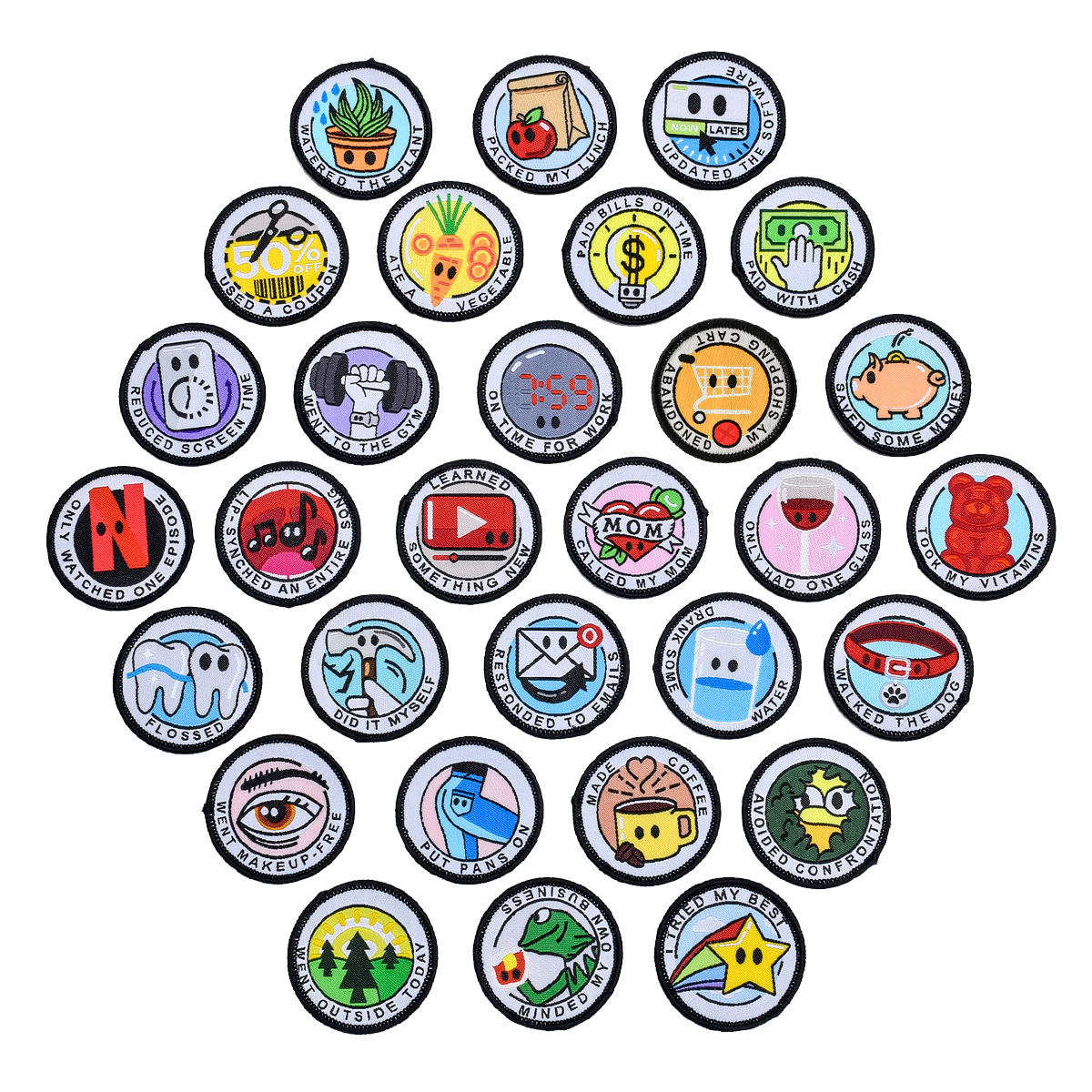 woven mark trademark ironable with adhesive backing sticker round clothes patch sticker badge woven label cloth label with adhesive backing