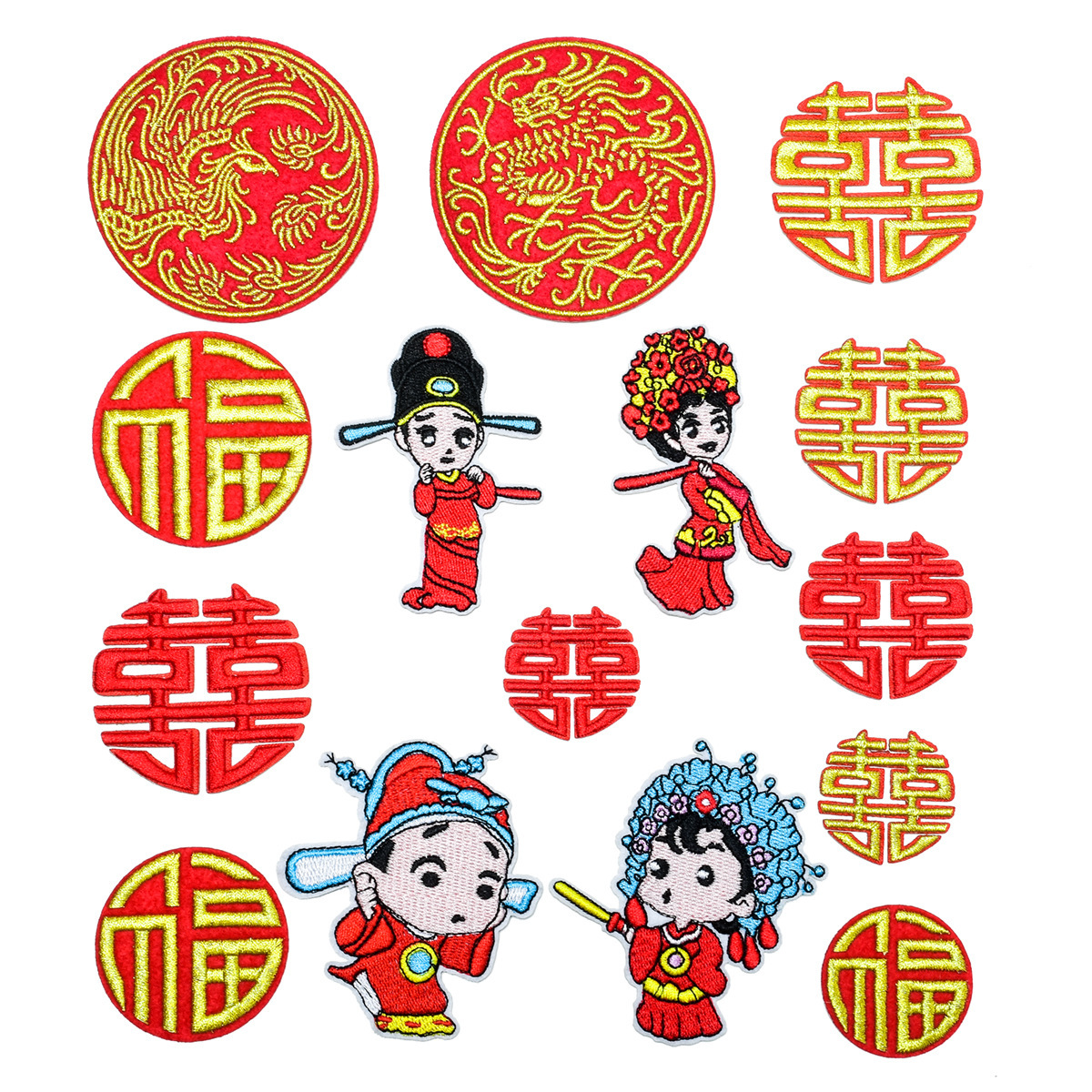 Chinese cloth sticker red shirt sticker festive patch photo collar sticker opera wind characters groom and bride double happiness