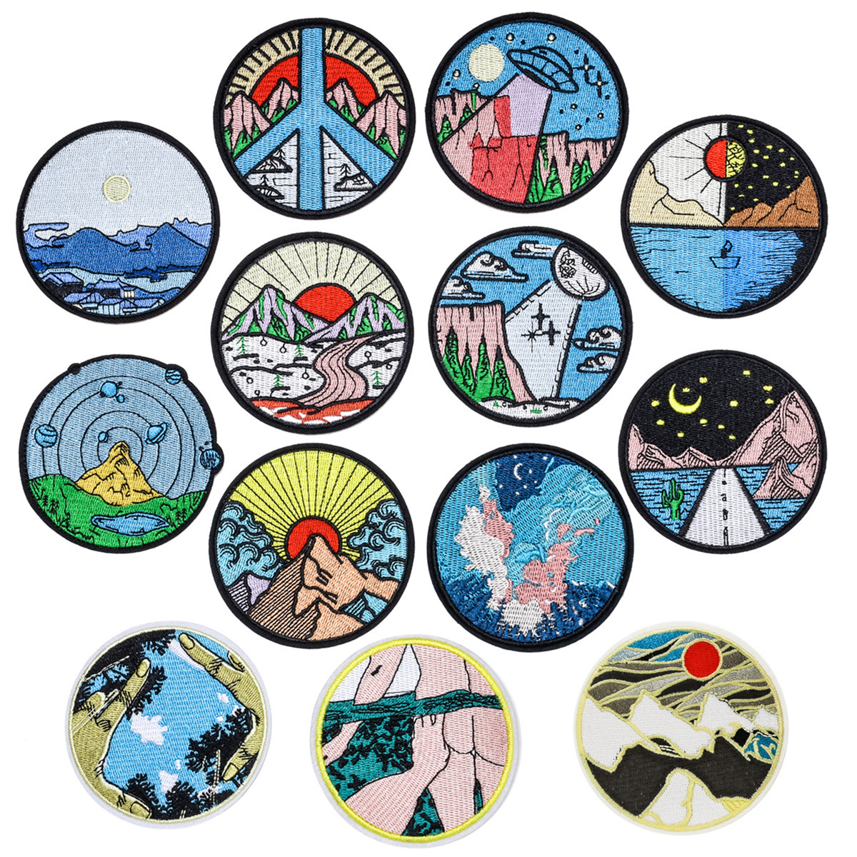 Elegant cloth sticker badge trendy cool clothing accessories round patch sticker landscape sunrise pattern