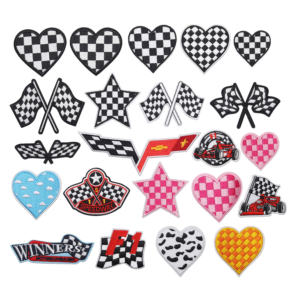 embroidery black and white checkerboard sticker F1 contact flag patch sticker color love bag repair