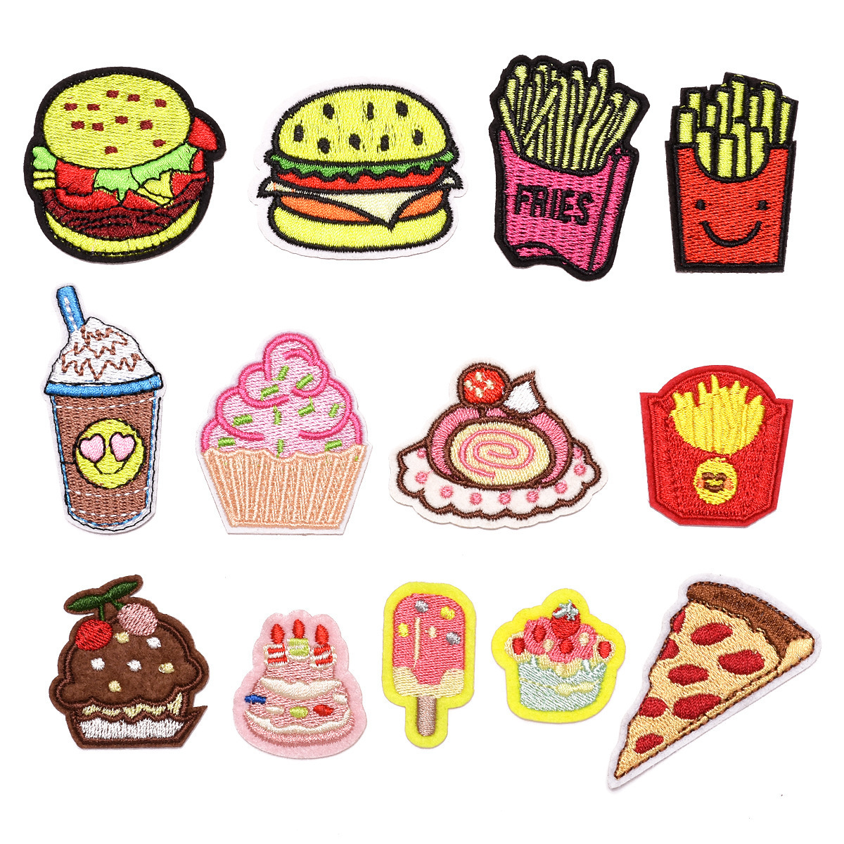 Embroidery Snacks Cloth Stickers Fries Burger Cake Clothes Patches Shoes and Hats Bags Accessories Fast Sale Supply