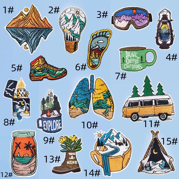 embroidery label color landscape patch sticker cartoon travel cloth sticker ironing clothing accessories DIY mountains and rivers pattern