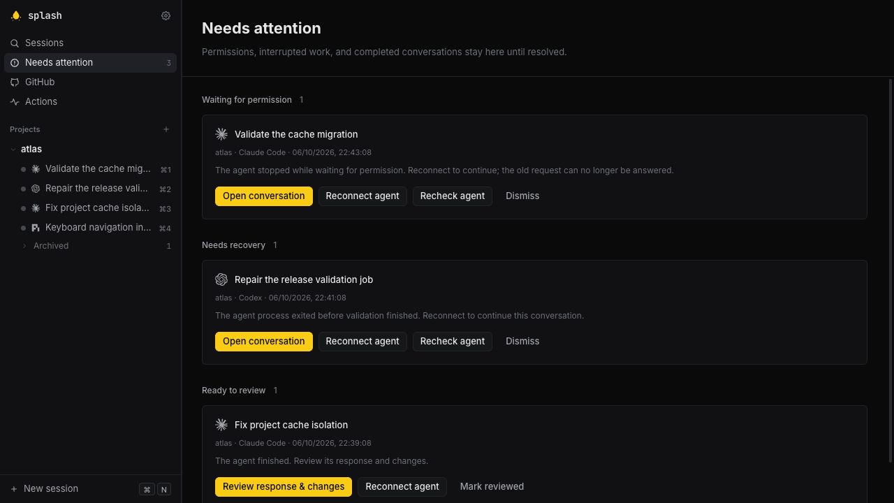 Needs attention with one session waiting for permission, one crashed agent and one finished session ready for review