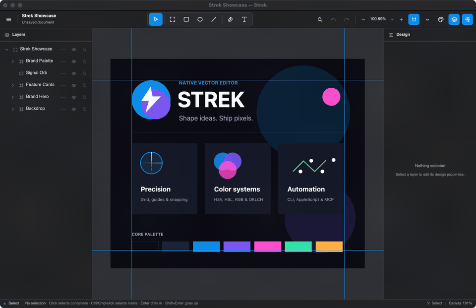 Strek editing a layered vector brand board through its background automation API