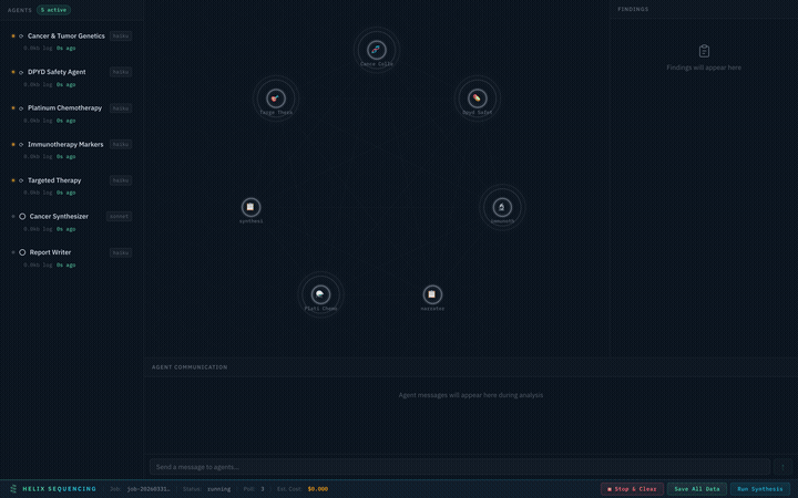 Pipeline running — agents analyzing, findings arriving, inter-agent chat