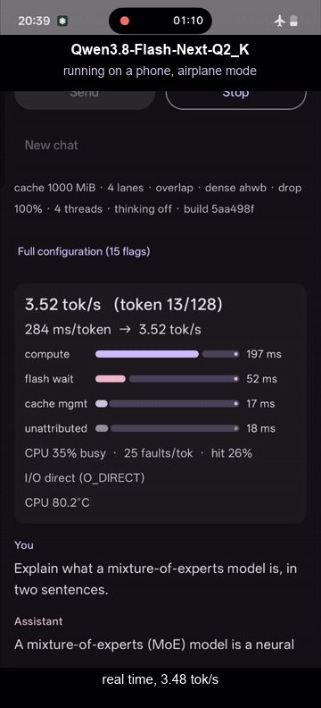 Qwen3.8-Flash-Next (125B, ~80 GB) generating in the demo app on a 12 GB phone, with live tok/s and telemetry