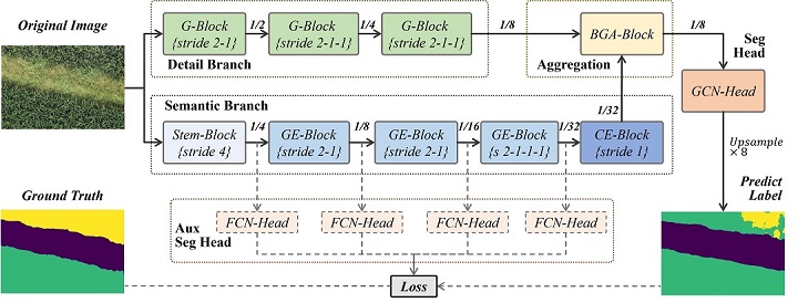 Figure 5. Overview of Ghost Bilateral Network (GBiNet). The network has 4 main parts: the Detail Branch, Semantic Branch, Aggregation Layer, and GCN Segmentation Head. Each box is an operation block, and the arrow connection represents the feature maps flow with numbers above showing the ratios of map size to the input size. 