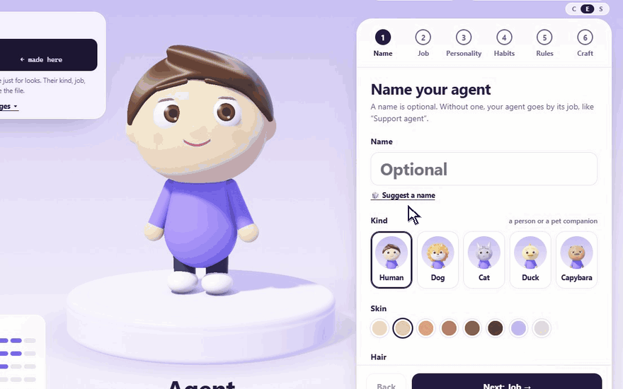 A 30-second demo recorded in the real app: an agent made as a person, then a cat, then a duck; given a job and a job title while the skill file changes; given a personality with an optional MBTI type; crafted; Agent home with the whole team; the team handed to an AI with Copy for my AI; and the same app on a phone.