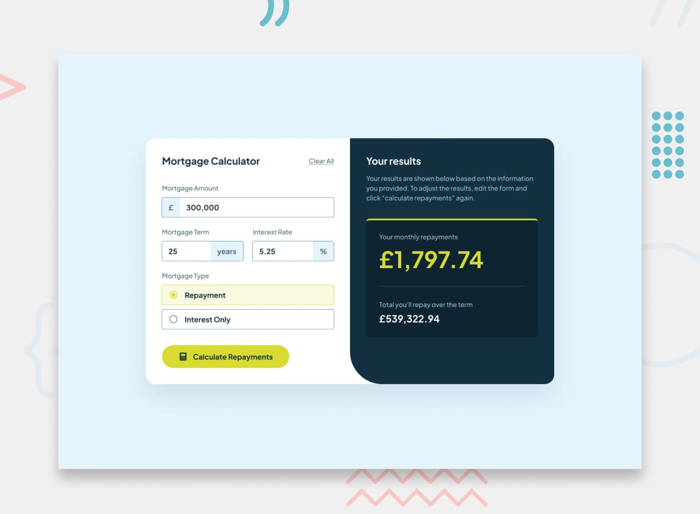 Design preview for the Mortgage repayment calculator coding challenge