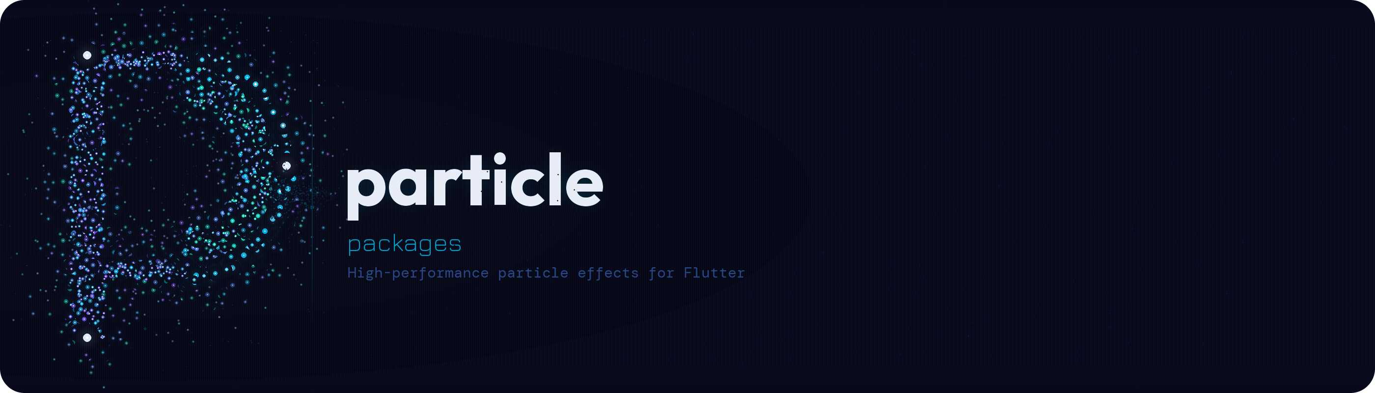 particle_text demo: Blue and cyan glowing particles form the word Flutter against a dark starry background. The particles scatter and reform responsively as the cursor moves across them, demonstrating spring physics interactions.