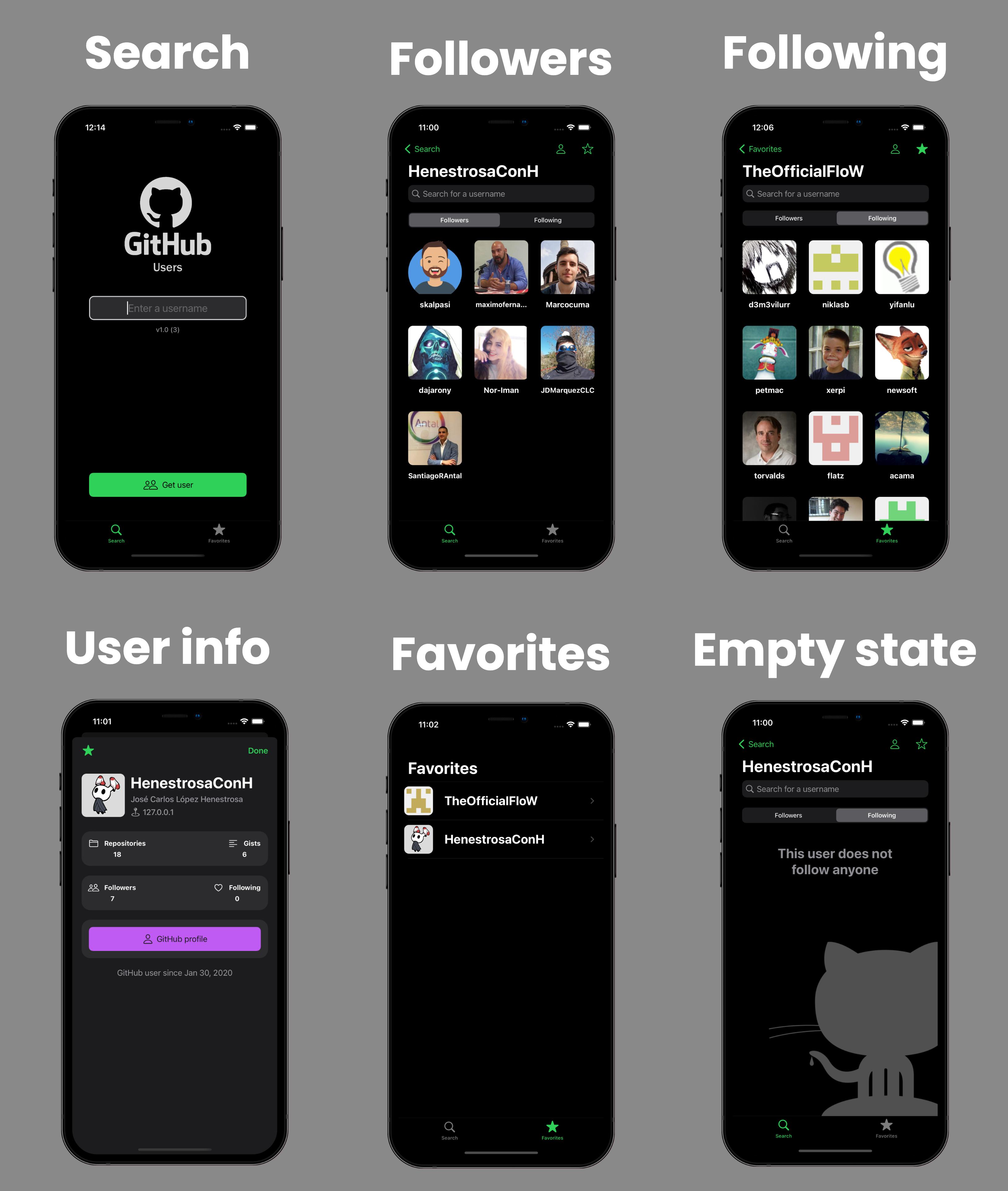 Main dark screens of the app