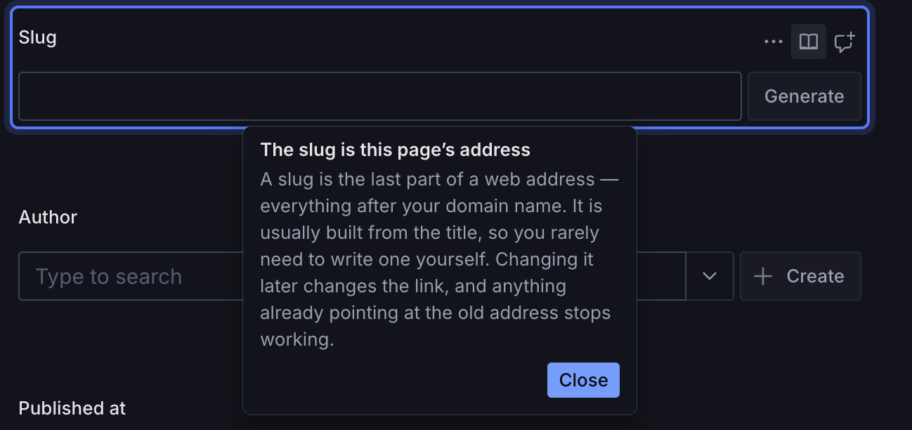 The Slug field in Sanity Studio with a book icon in its action row, and an open popup titled "The slug is this page's address" explaining what a slug is