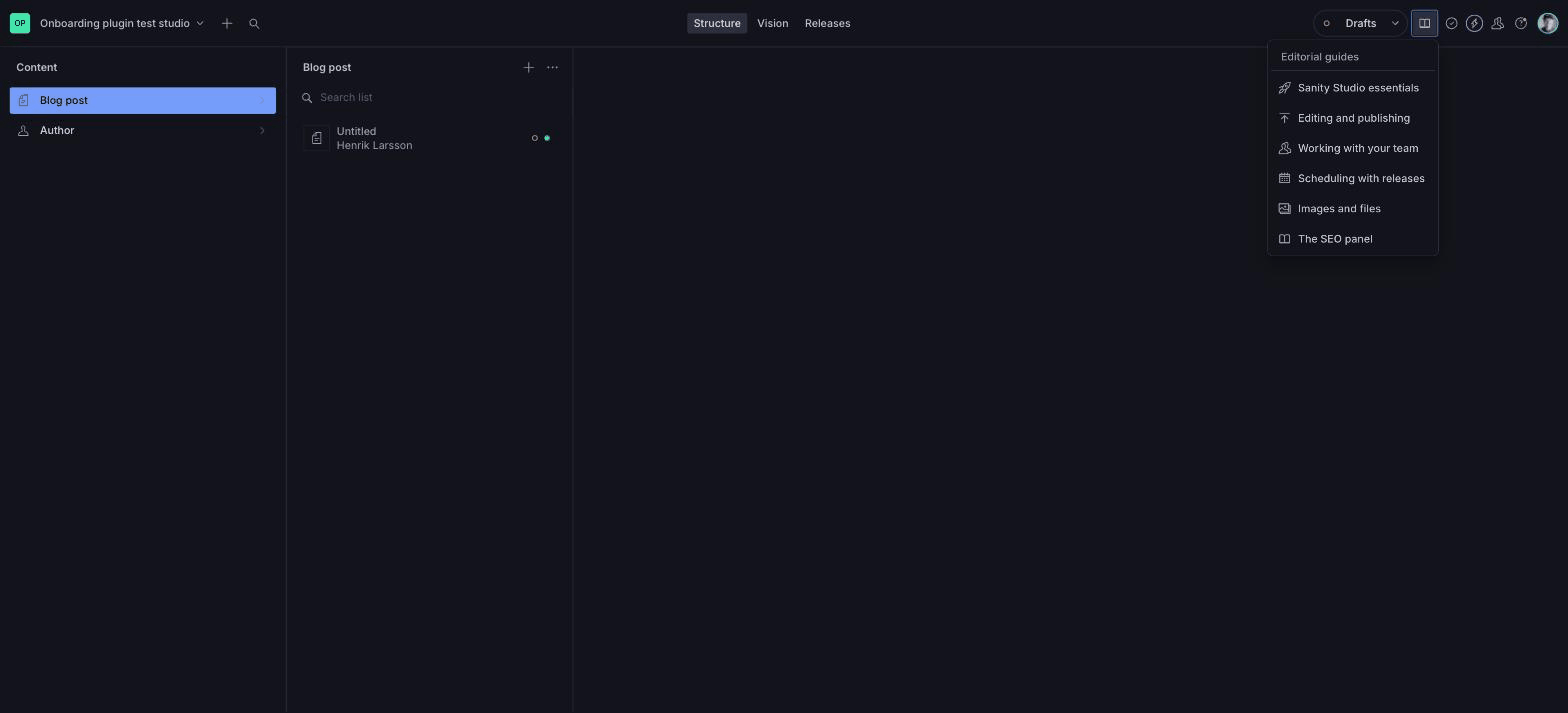 A guide running in Sanity Studio: a soft ring on a control in the navbar, with a small popup beside it stepping through five points