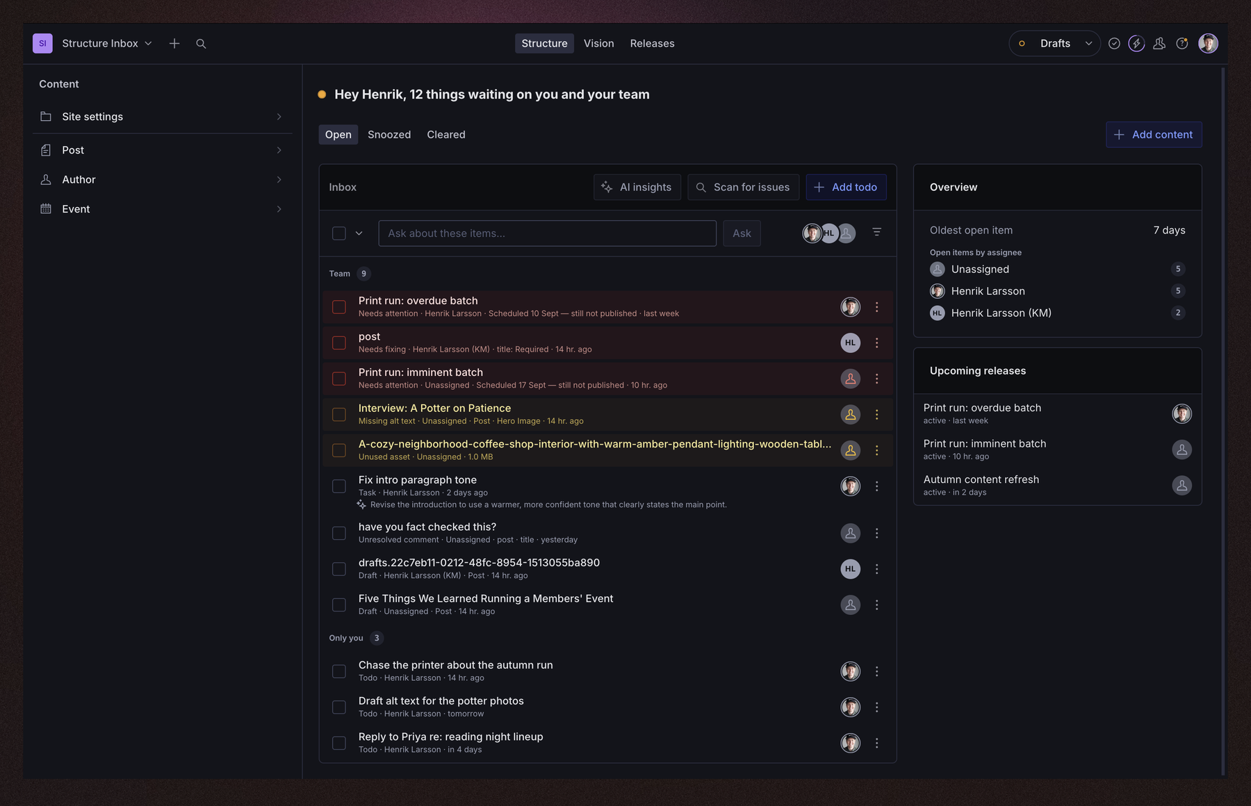 The Inbox pane in a Sanity Studio: a sorted list of releases needing attention, drafts, a task, an unresolved comment and personal todos, with an Overview and Upcoming releases card beside it