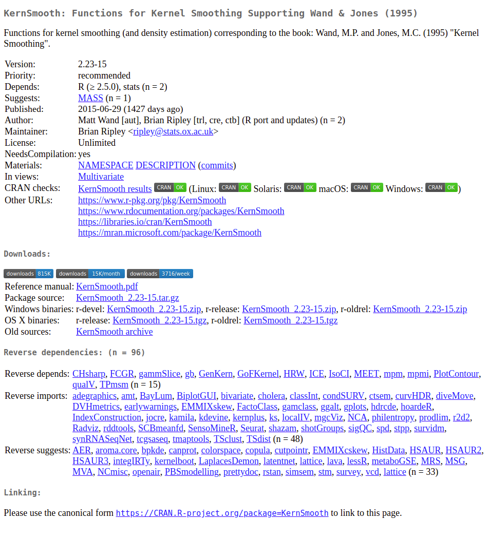 Screenshot showing the CRAN page for the 'KernSmooth' package with 'R CMD check' status badges injected next to the 'CRAN checks' entry and download statistics badges injected at the top of the 'Download' section