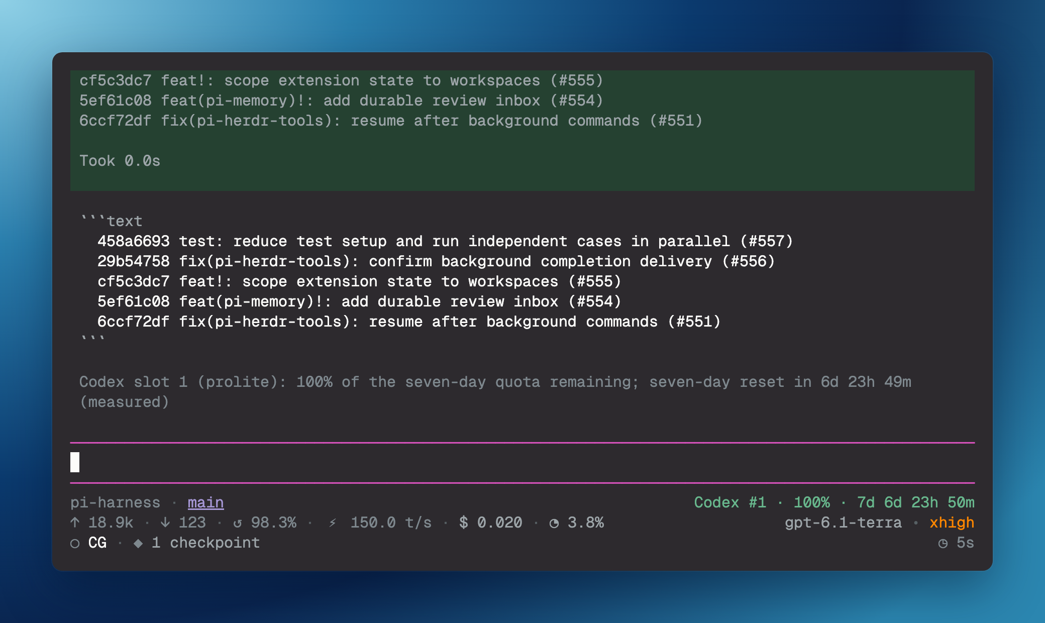 Pi showing Codex account quotas and the active footer slot