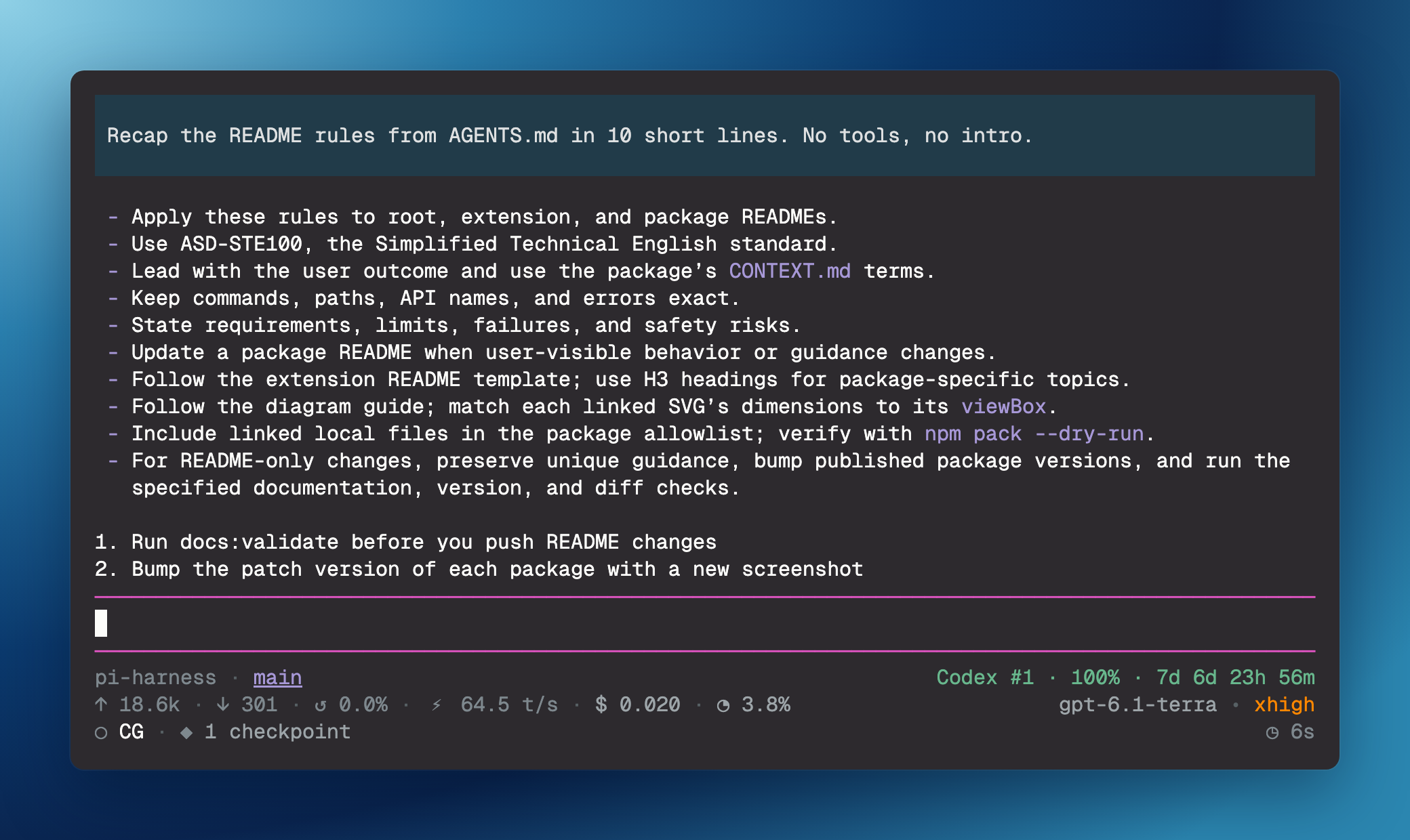 Pi showing two persistent notes above the editor