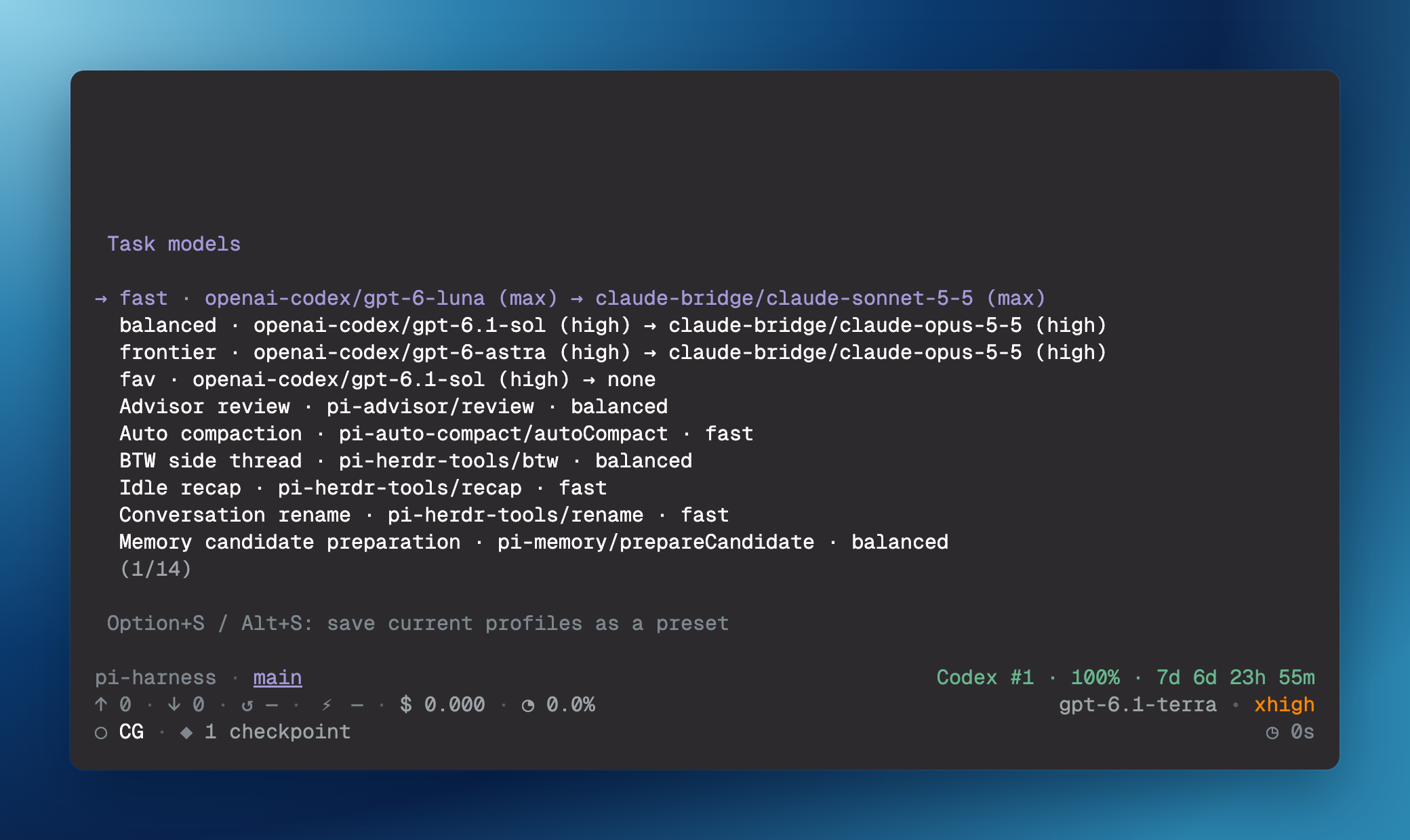 Pi showing task model profiles and task routes