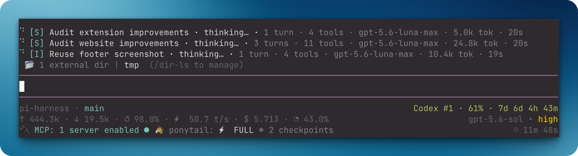 Pi footer showing repository, pull request, quota, usage, model, and extension status
