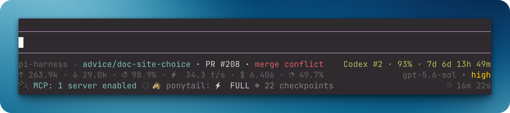 Pi footer showing repository, pull request, quota, usage, model, and extension status
