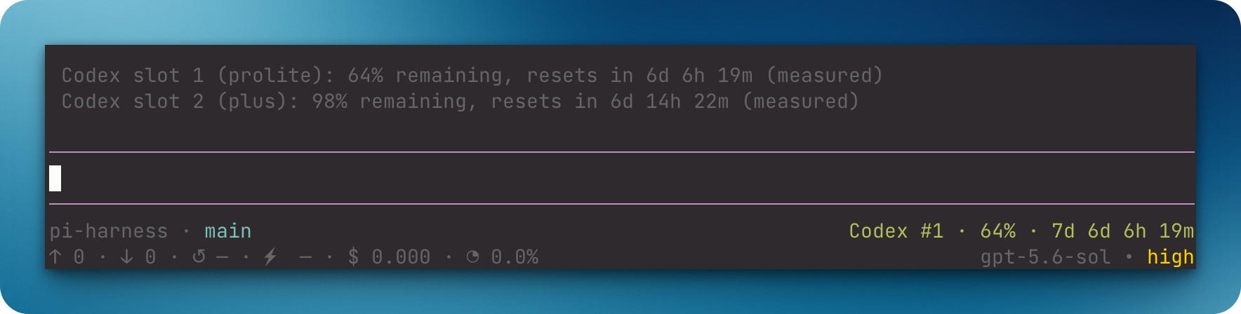 Pi showing Codex account quotas and the active footer slot