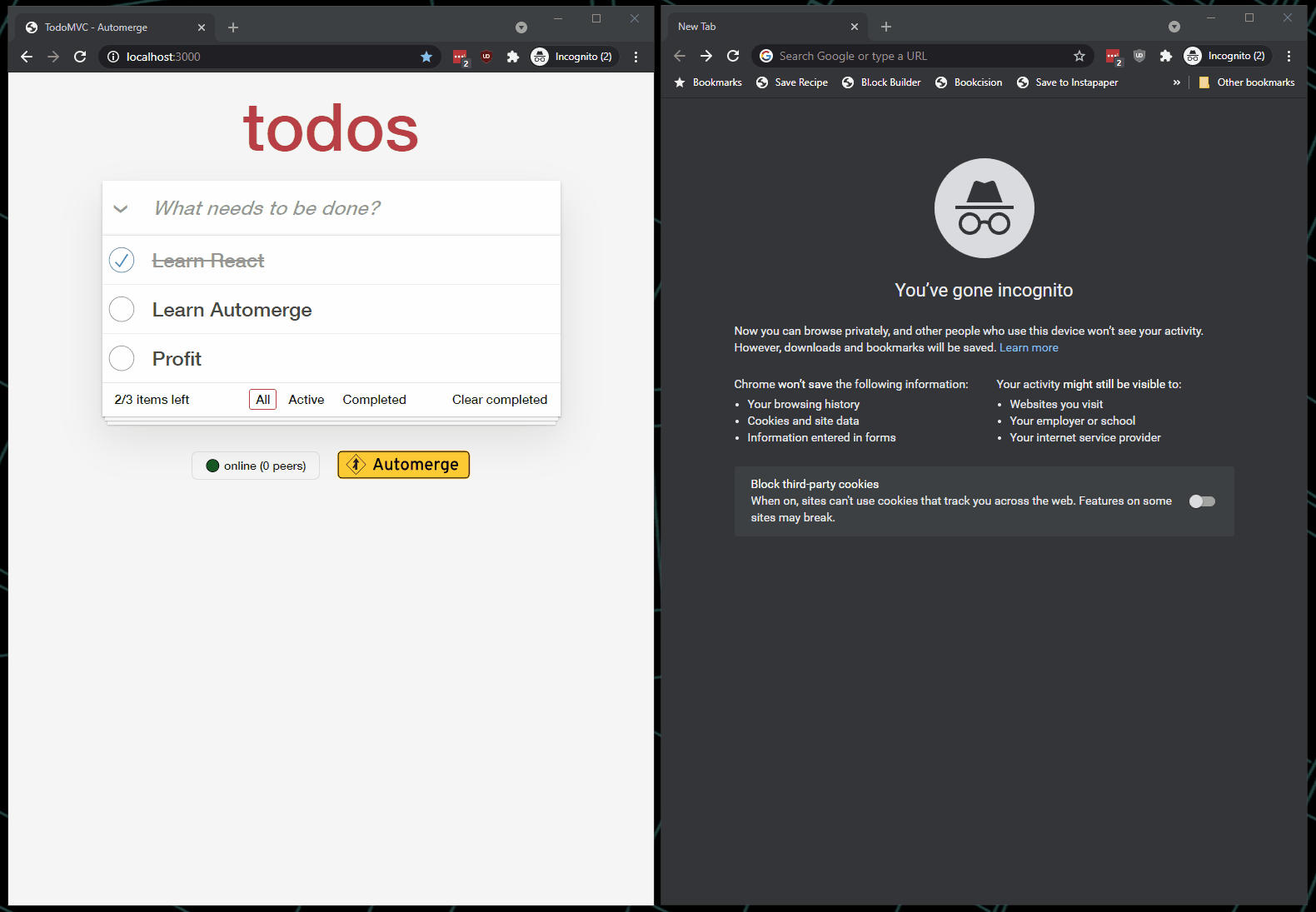 Screencast showing two browsers side-by-side with a todo list on each side. As changes are made in one browser, they are reflected in the other.