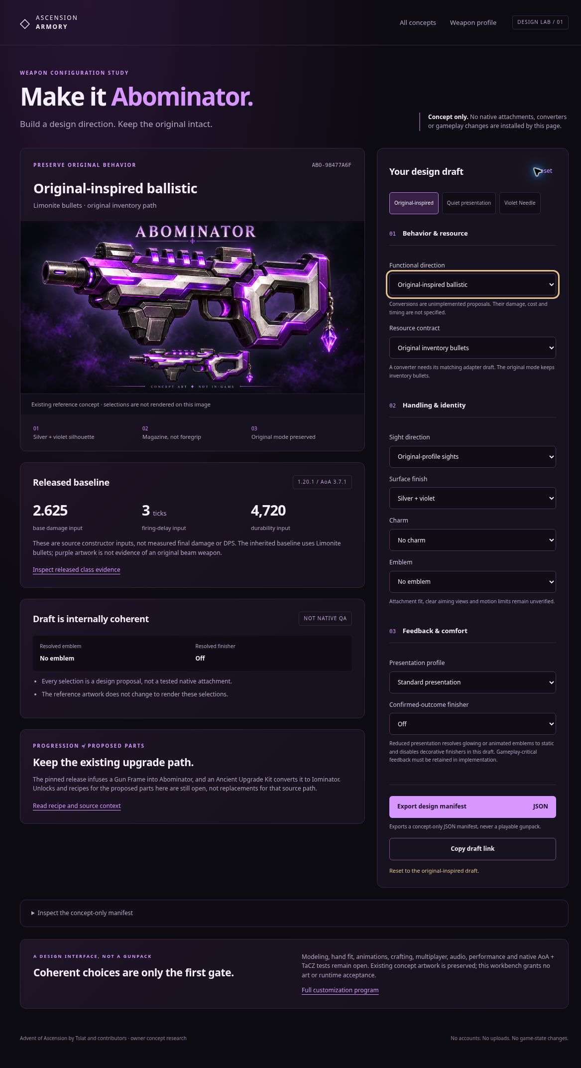 Concept-only Abominator loadout UI, captured in a browser