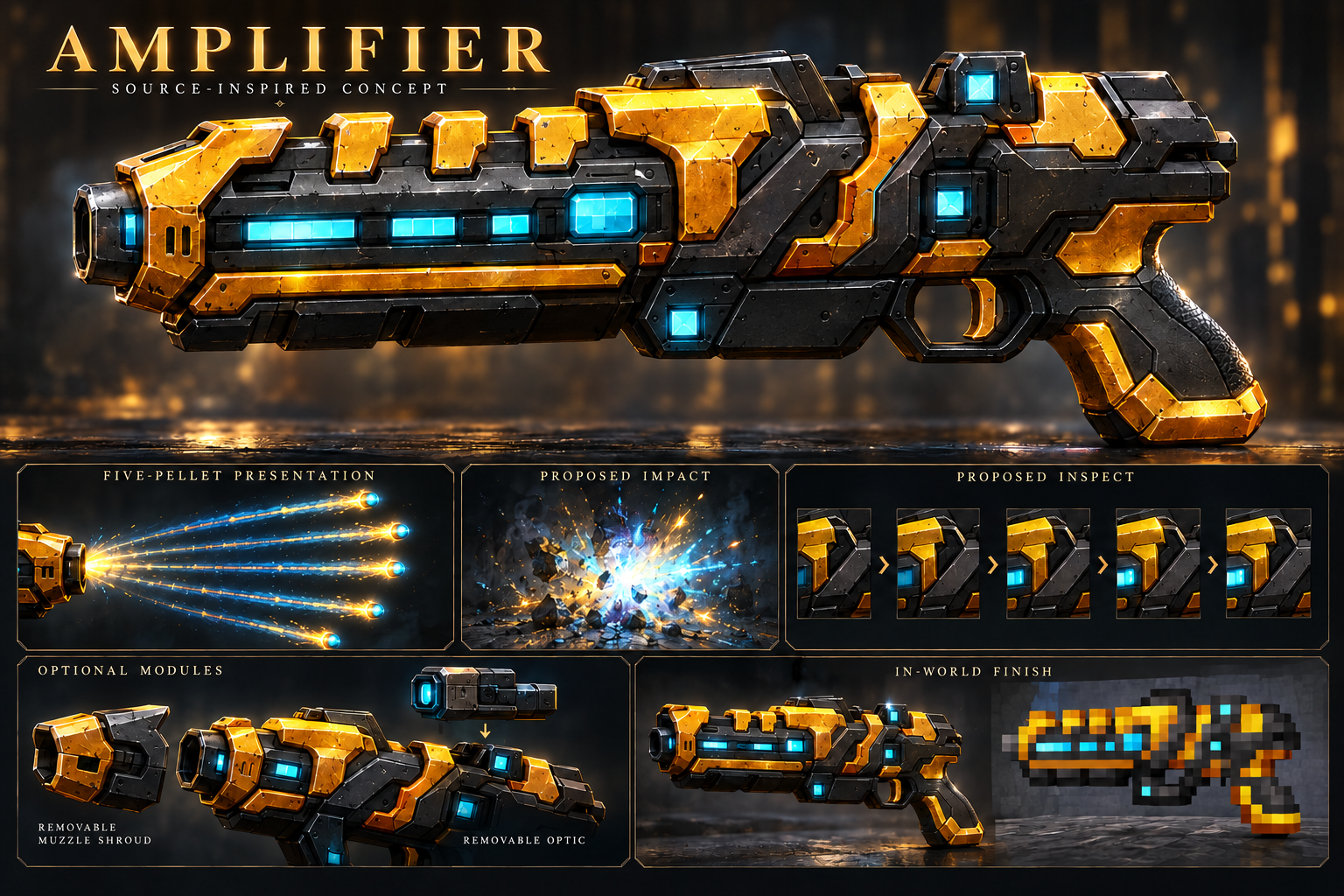 Amplifier concept with corrected trigger placement and five visible pellet tips