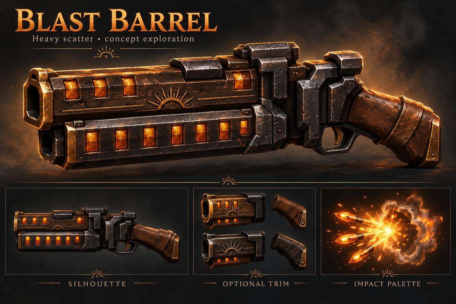 Blast Barrel refined concept with readable controls, side silhouette, optional trim and proposed impact palette