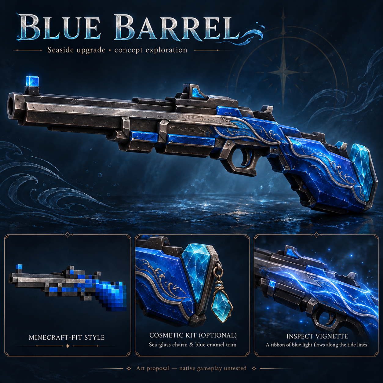 Blue Barrel premium hero, Minecraft-fit material direction, rear-mounted sea-glass charm and inspection-light proposal