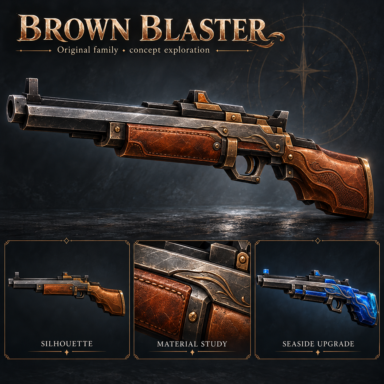 Brown Blaster hero, side silhouette, material study and Blue Barrel family-upgrade comparison