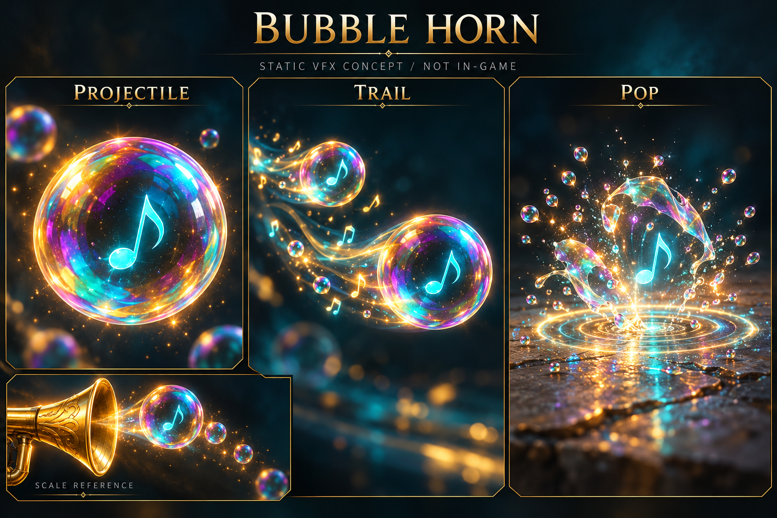 Musical bubble projectile, trail and impact pop