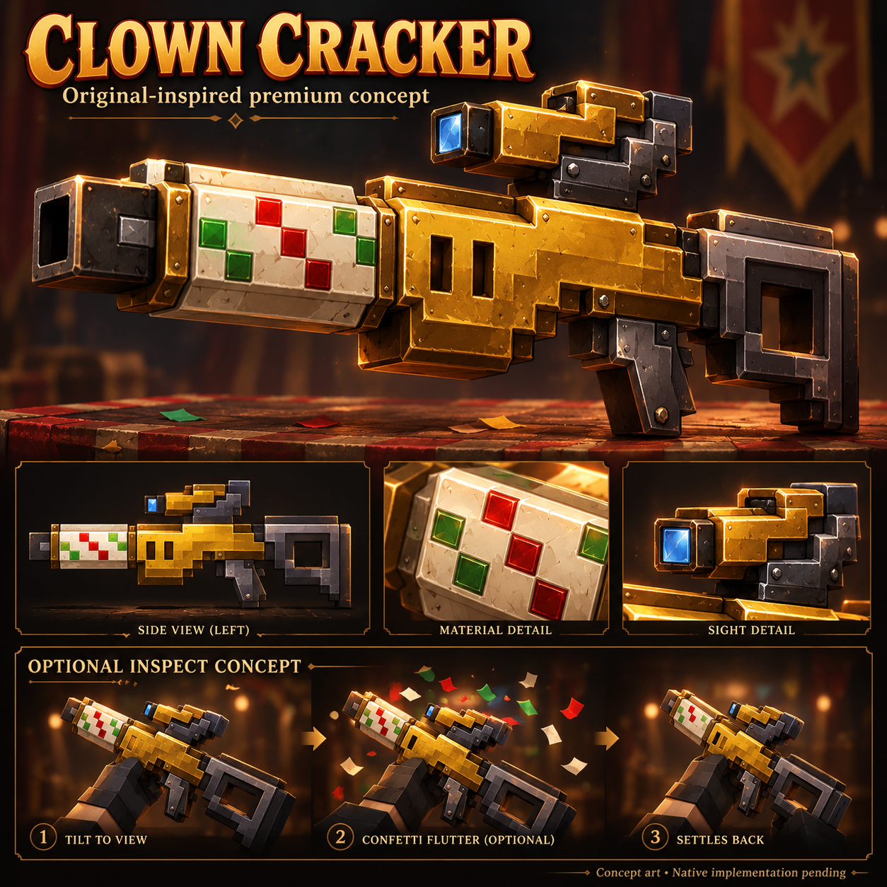 Clown Cracker hero, side profile, material/sight details and optional confetti inspection concept