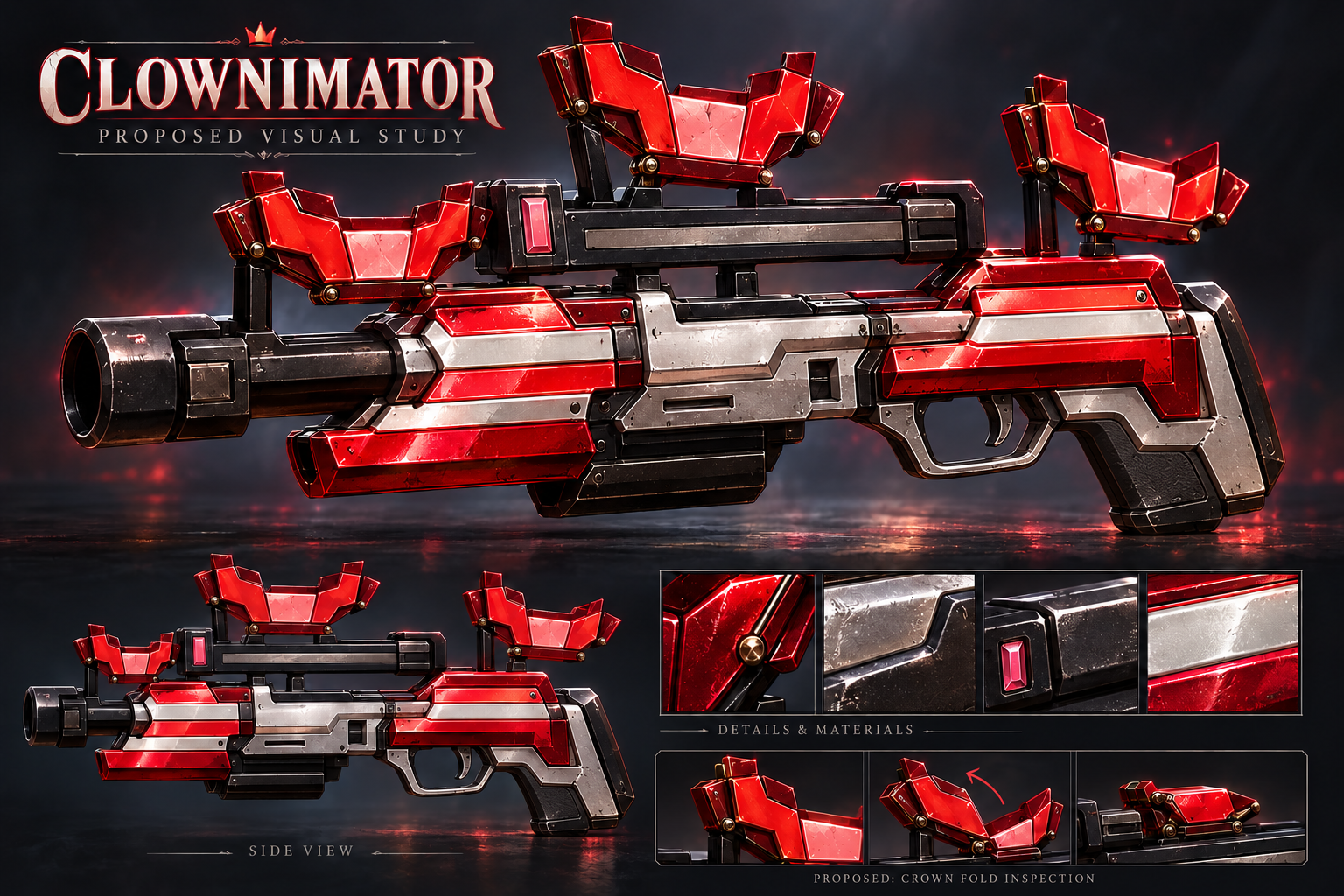Revised Clownimator concept with one rear grip and three red crowns