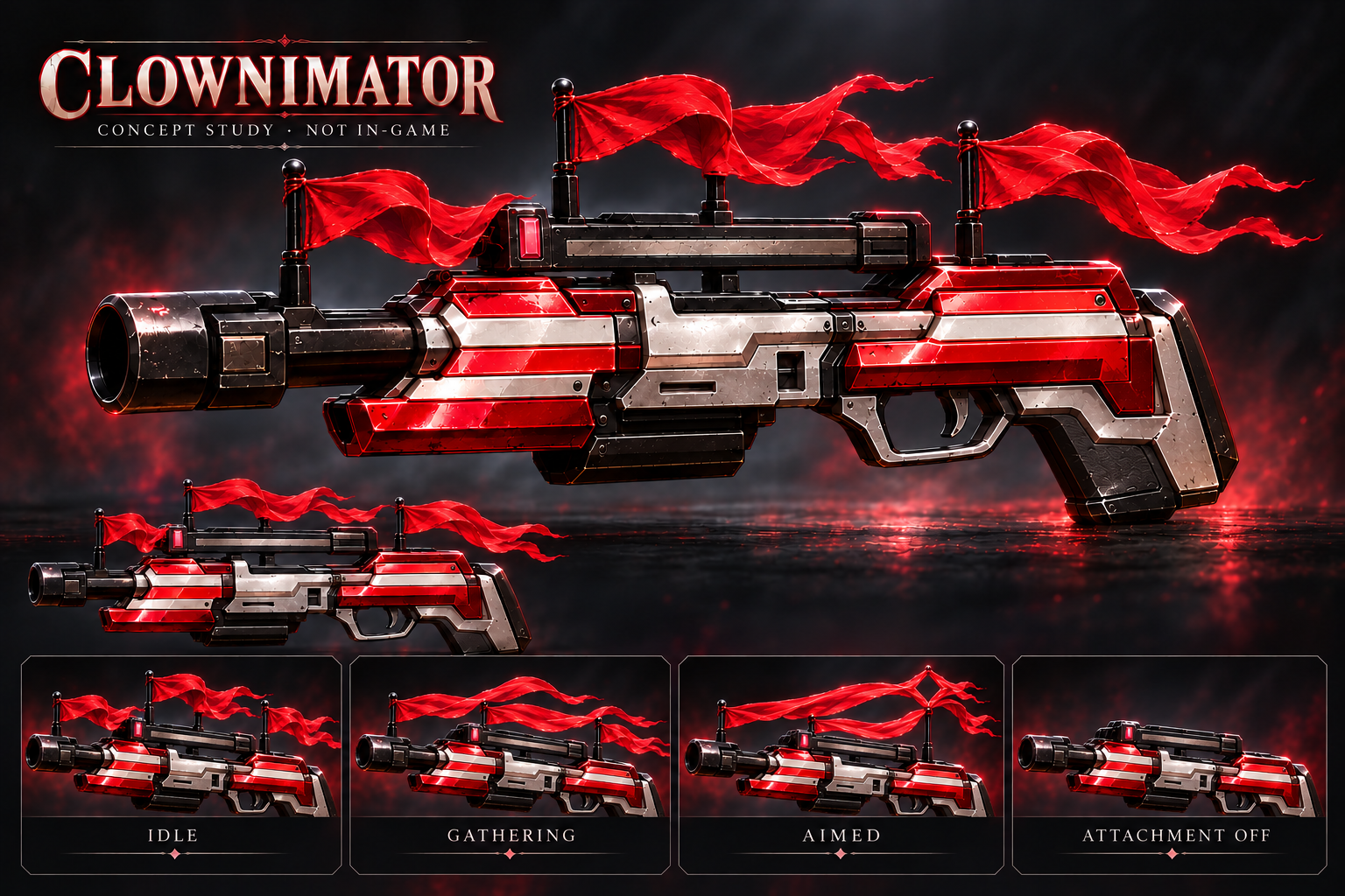 Clownimator concept with fixed inline flagpoles and a converging ribbon-sight variant