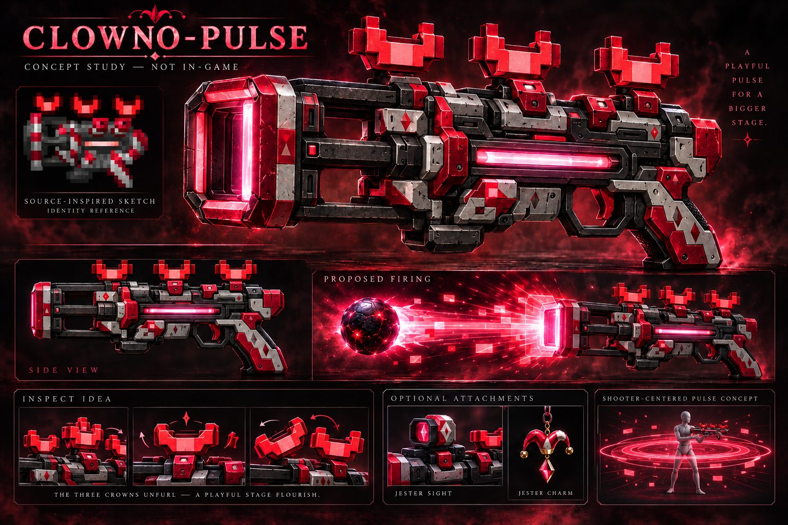 Clowno-Pulse concept candidate with three crowns and a shooter-centered pulse sketch