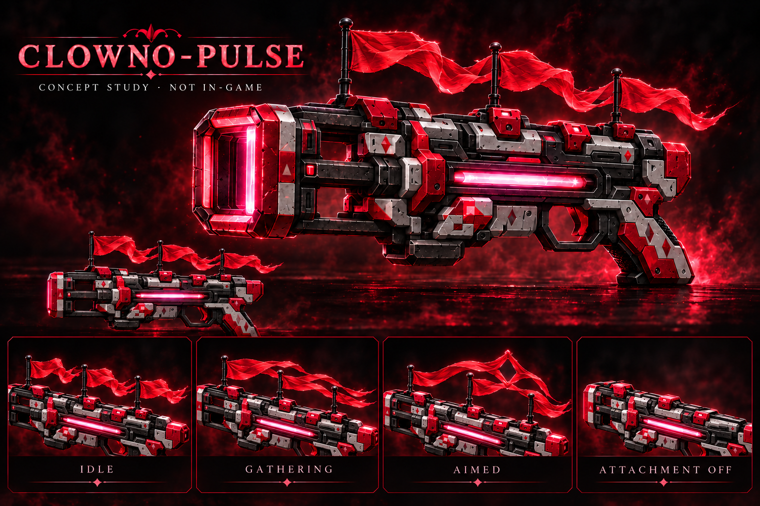 Clowno-Pulse concept candidate with three inline flags and a converging ribbon sight